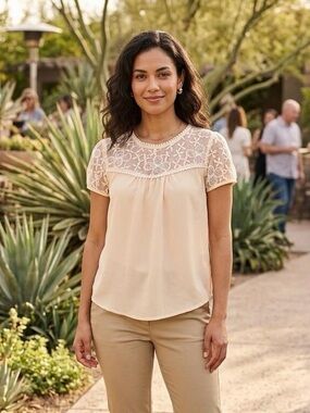 90s Vintage BONGO Cream Lace Yoke Short Sleeve Blouse